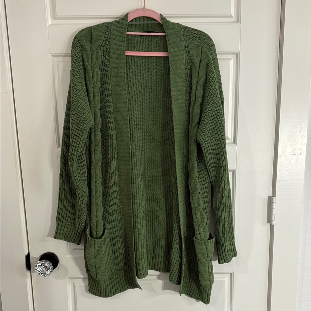 Green Open-Front Long Cardigan Sweater